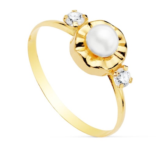[P20752-2] 18K SORTIJA CIRCONITAS Y PERLA 4 MM