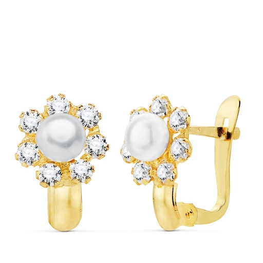 [P20753-1] 18K PENDIENTES CIRCONITAS 11X8 MM PERLA 4 MM