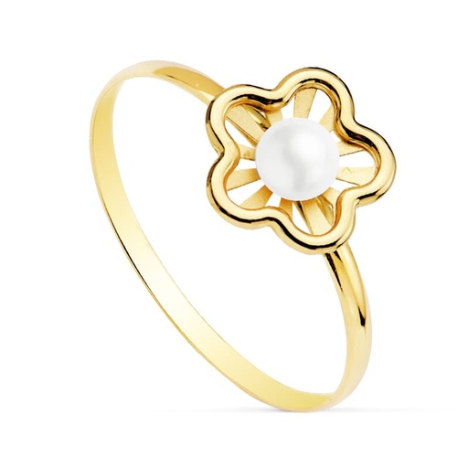 [P20755-2] 18K SORTIJA FLOR CALADA PERLA 3 MM