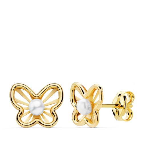 [P20757-1] 18K PENDIENTES MARIPOSAS 9X7 MM PERLAS 2.5 MM