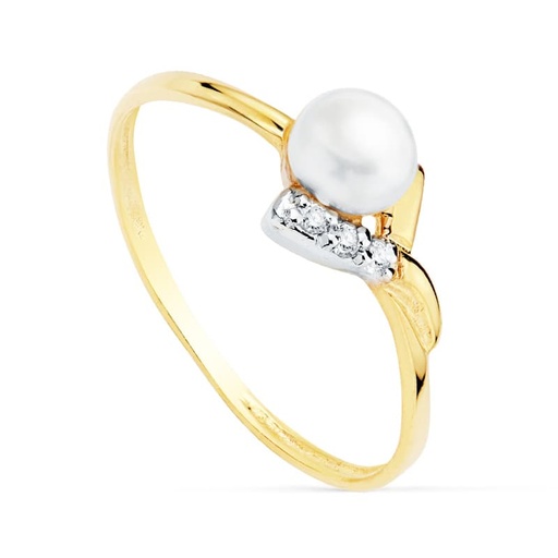 [P20759-2] 18K SORTIJA BICOLOR PERLA Y CIRCONITAS