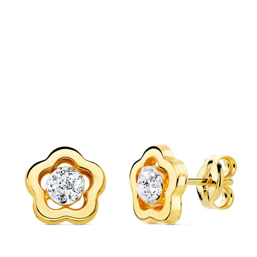 [P20760-1] 18K PENDIENTES ORO AMARILLO FLOR Y CIRCONITAS 8X8 MM PRESION