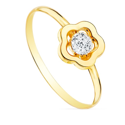 [P20760-2] 18K SORTIJA ORO AMARILLO COMUNION FLOR Y CIRCONITAS 8X8 MM ANCHO CUERPO 1 MM