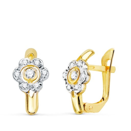 [P20765-1] 18K PENDIENTES ORO BICOLOR FLOR CON CIRCONITAS 12X6 MM CIERRE CATALAN