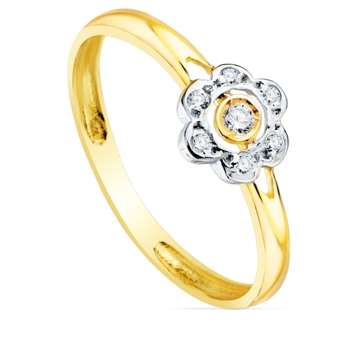 [P20765-2] 18K SORTIJA ORO BICOLOR FLOR CON CIRCONITAS 6X6 MM ANCHO CUERPO 2 MM