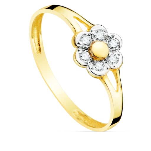 [P20766-2] 18K SORTIJA ORO BICOLOR FLOR CON CIRCONITAS 13X7 MM ANCHO CUERPO 1.5 MM