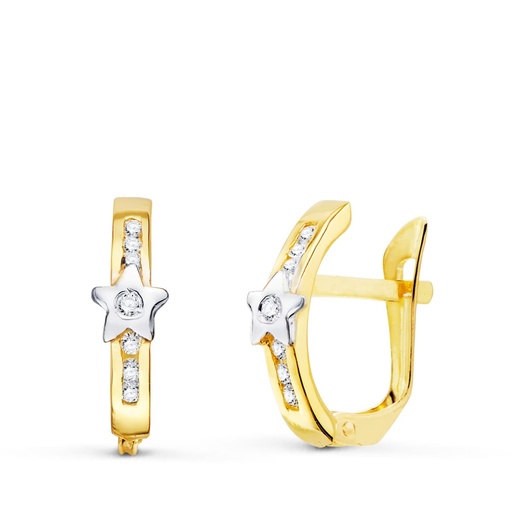 [P20767-1] 18K PENDIENTES ORO BICOLOR ESTRELLAS Y CIRCONITAS 13X3 MM CIERRE CATALAN