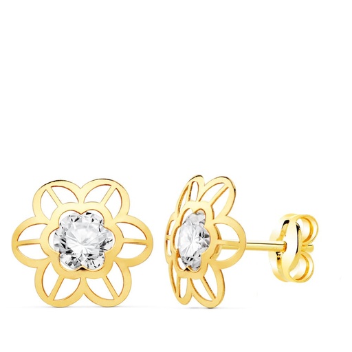 [P21000] 18K PENDIENTES ORO AMARILLO MARGARITA CALADA 9X9 MM