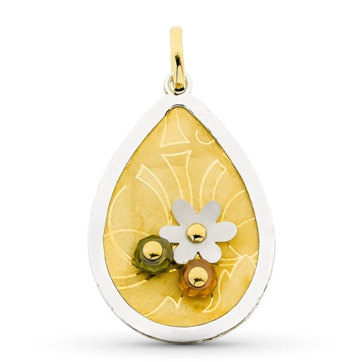 [P21000080] 18K COLGANTE ORO BICOLOR OVAL CON FLOR Y PIEDRAS COLOR 44X29 MM