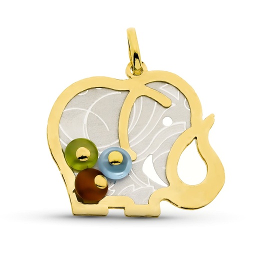 [P21000082] 18K COLGANTE ORO BICOLOR ELEFANTE PIEDRAS COLOR 34X37 MM