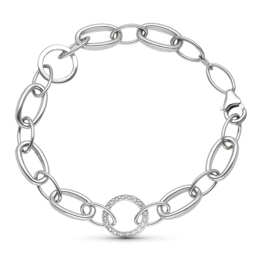 [P21000106] 18K PULSERA ORO BLANCO ESLABON OVAL Y CIRCULAR CON CIRCONITAS 18.5 CM