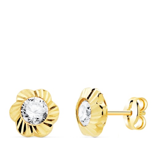 [P21003-PR] 18K PENDIENTES ORO AMARILLO FLOR TALLADA CON CIRCONITA 7X7 MM CIERRE PRESION