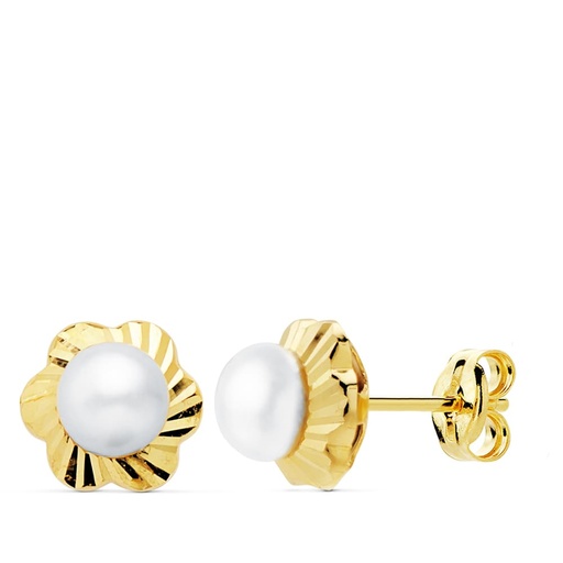 [P21004] 18K PENDIENTES ORO AMARILLO FLOR TALLADA 7 MM PERLA 4 MM PRESION
