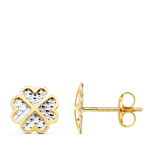 [P21008] 18K PENDIENTES TREBOL ORO BICOLOR 8X8 MM CIERRE PRESION