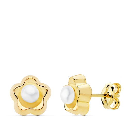 [P21014] 18K PENDIENTES FLOR PERLA 8X8 MM