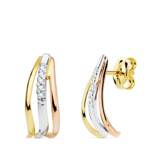 [P21017] 18K PENDIENTES BANDAS TRICOLOR CIRCONITAS 15X6 MM