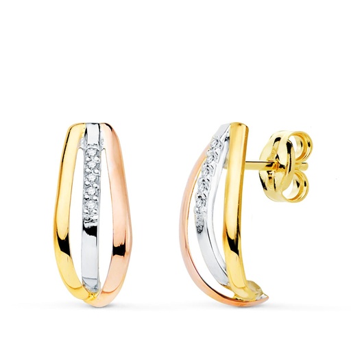 [P21018] 18K PENDIENTES ORO TRICOLOR BANDAS CON CIRCONITAS 15X7 MM CIERRE PRESION