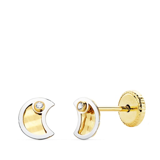 [P21023] 18K PENDIENTES LUNA ORO BICOLOR CIRCONITA 5.5X4.5 MM