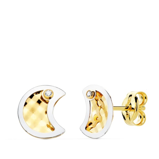 [P21025] 18K PENDIENTES ORO BICOLOR LUNA Y CIRCONITAS 8X6.5 MM
