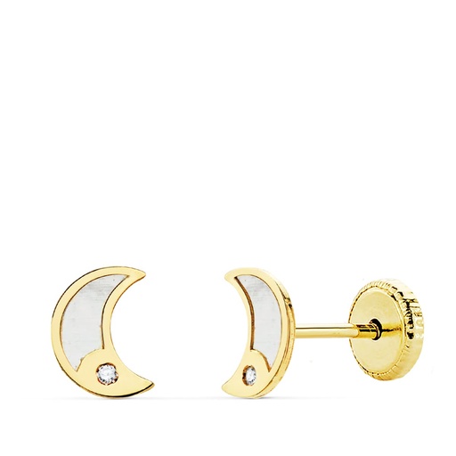 [P21031] 18K PENDIENTES ORO AMARILLO LUNA NACAR Y CIRCONITA 6.5X5 MM