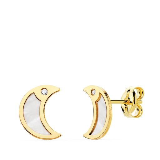 [P21032] 18K PENDIENTES LUNA NACAR Y CIRCONITAS 8X6 MM