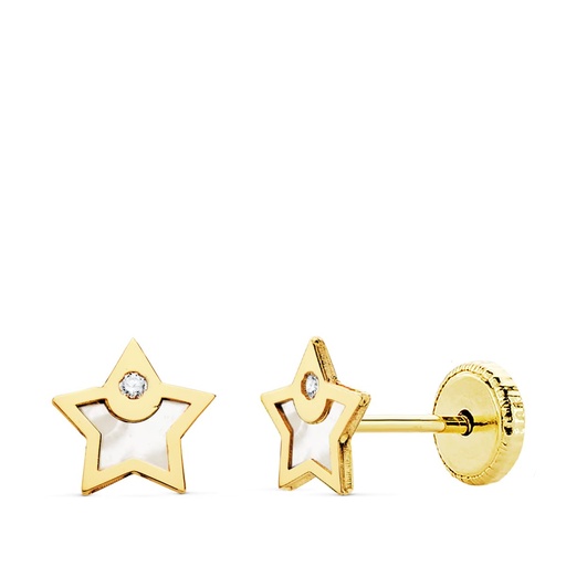 [P21033] 18K PENDIENTES ORO AMARILLO ESTRELLA NACAR Y CIRCONITA 6X6 MM