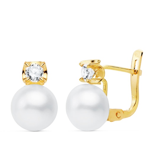 [P21044] 18K PENDIENTES GARRAS CIRCONITAS PERLA 7.5 MM 11X7.5 MM