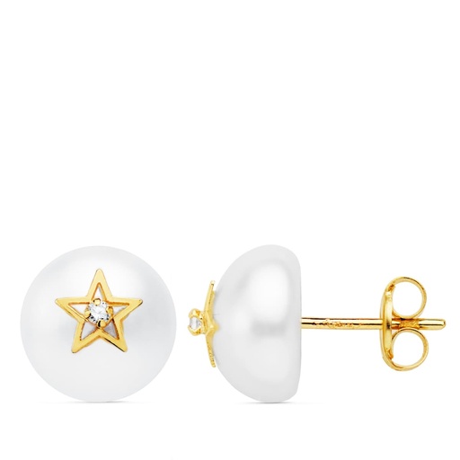 [P21053] 18K PENDIENTES ORO AMARILLO MEDIA PERLA 9 MM Y ESTRELLA CIERRE PRESION