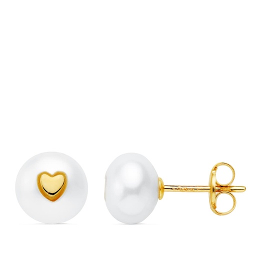 [P21057] 18K PENDIENTES ORO AMARILLO PERLA BOTON 7.5 MM Y CORAZON PRESION