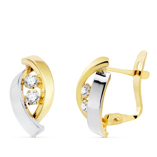 [P21061] 18K PENDIENTES ORO BICOLOR BANDAS Y CIRCONITAS 14X8 MM