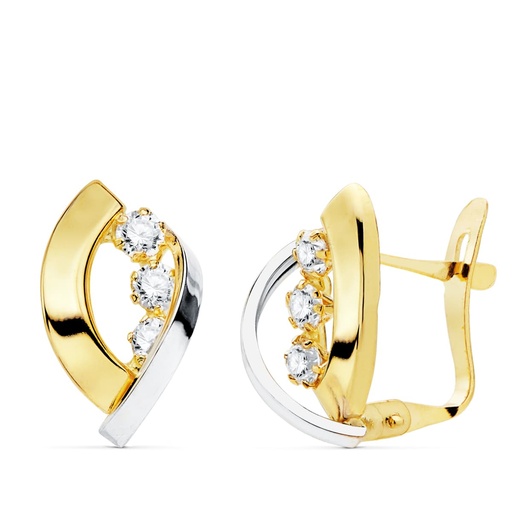 [P21062] 18K PENDIENTES ORO BICOLOR BANDAS Y CIRCONITAS 14X9 MM