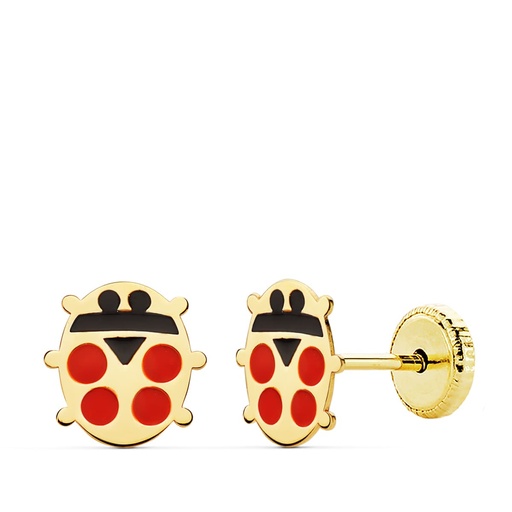 [P21063] 18K PENDIENTES ORO AMARILLO MARIQUITA ESMALTE 8X8 MM