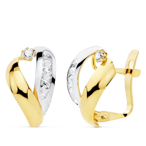 [P21071] 18K PENDIENTES ORO BICOLOR BANDAS Y CIRCONITAS 16X9 MM