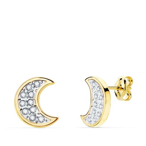 [P21074] 18K PENDIENTES ORO BICOLOR LUNA CON CIRCONITAS 11X9 MM CIERRE PRESION.