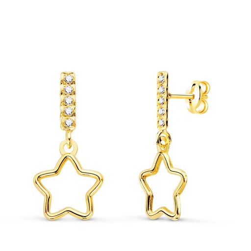 [P21078] 18K PENDIENTES ORO AMARILLO COLGANTE ESTRELLA Y CIRCONITAS 17X8 MM