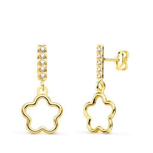 [P21079] 18K PENDIENTES ORO AMARILLO DOS CUERPOS COLGANTE FLOR Y CIRCONITAS 18X8 MM