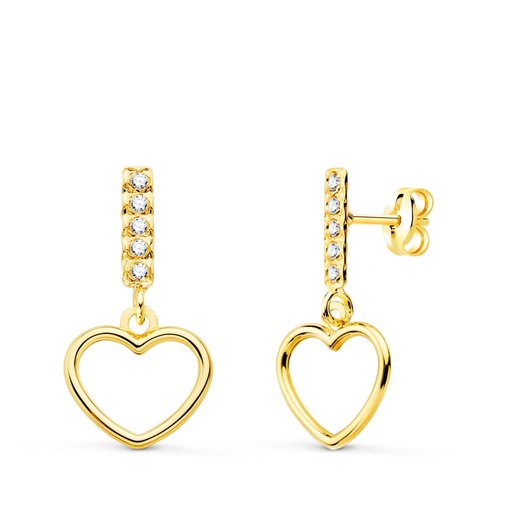 [P21080] 18K PENDIENTES ORO AMARILLO DOS CUERPOS COLGANTE CORAZON Y CIRCONITAS 17X9 MM