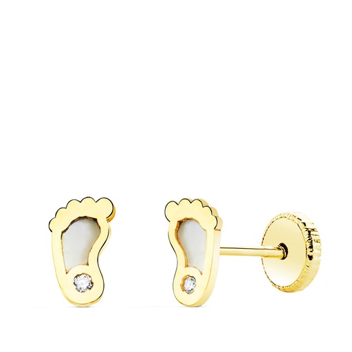 [P21081] 18K PENDIENTES ORO AMARILLO PIES CON NACAR 6X3.5 MM CIERRE ROSCA