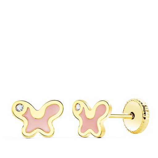 [P21082] 18K PENDIENTES ORO AMARILLO MARIPOSA ESMALTE ROSA 7X5 MM CIERRE ROSCA