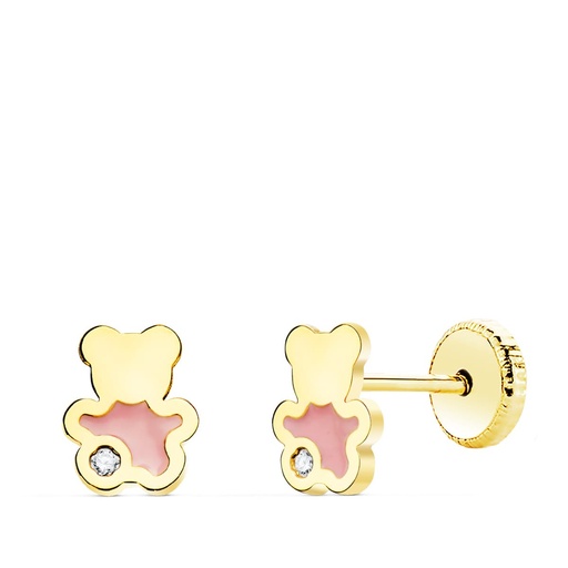 [P21083] 18K PENDIENTES ORO AMARILLO OSO ESMALTE ROSA 6X5 MM CIERRE ROSCA