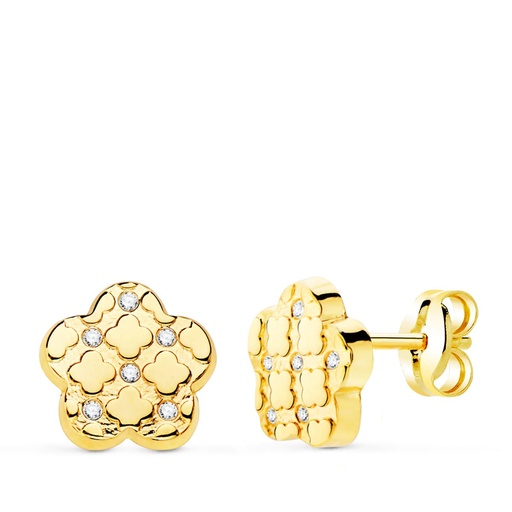 [P21086] 18K PENDIENTES ORO AMARILLO FLOR Y CIRCONITAS 7.5X7 MM CIERRE PRESION.