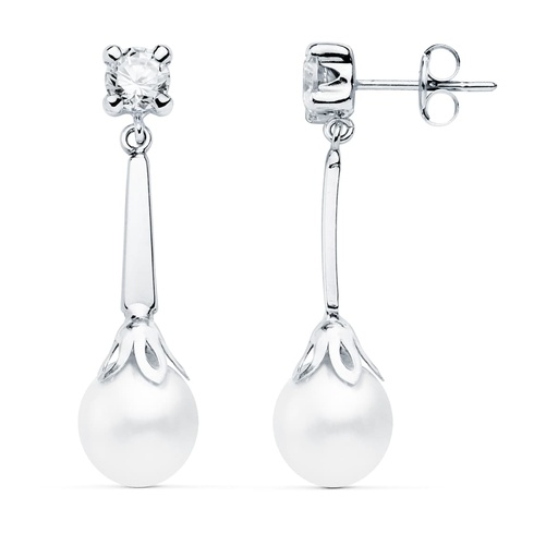 [P21090] 18K PENDIENTES ORO BLANCO PERLA Y CIRCONITAS 27X7 MM