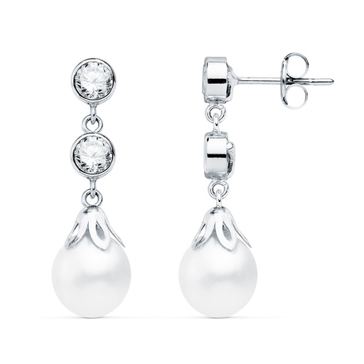 [P21091] 18K PENDIENTES ORO BLANCO PERLA Y CIRCONITAS 24X6 MM PRESION