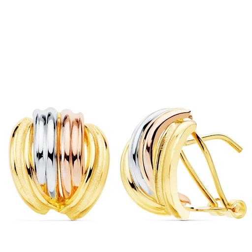 [P21112] 18K PENDIENTES ORO TRICOLOR BANDAS LISAS 13X12 MM CIERRE OMEGA