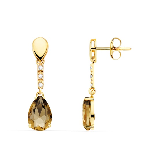 [P21131-FU] 18K PENDIENTES ORO AMARILLO PIEDRA GOTA COLOR FUME. 28X7 MM
