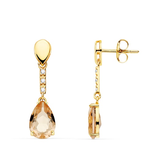 [P21131-KU] 18K PENDIENTES ORO AMARILLO PIEDRA GOTA COLOR KUNCITA 28X7 MM