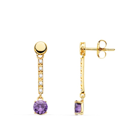 [P21132-AT] 18K PENDIENTES ORO AMARILLO PIEDRA REDONDA COLOR AMATISTA 25X5 MM