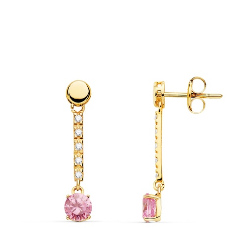 [P21132-RS] 18K PENDIENTES ORO AMARILLO PIEDRA REDONDA COLOR ROSA 25X5 MM