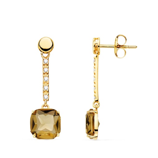 [P21133-FU] 18K PENDIENTES ORO AMARILLO PIEDRA CUADRADA COLOR FUME. 28X8 MM