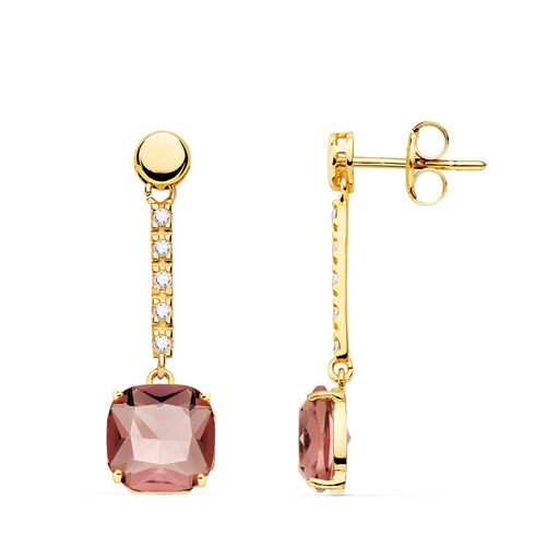 [P21133-KU] 18K PENDIENTES ORO AMARILLO PIEDRA CUADRADA COLOR KUNCITA 28X8 MM